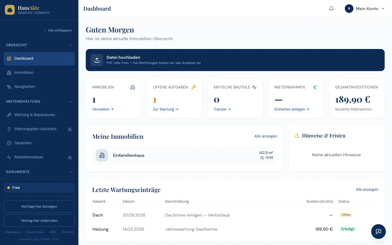 HausAkte-Dashboard am Desktop: Immobilien, Wartungen und Kosten auf einen Blick